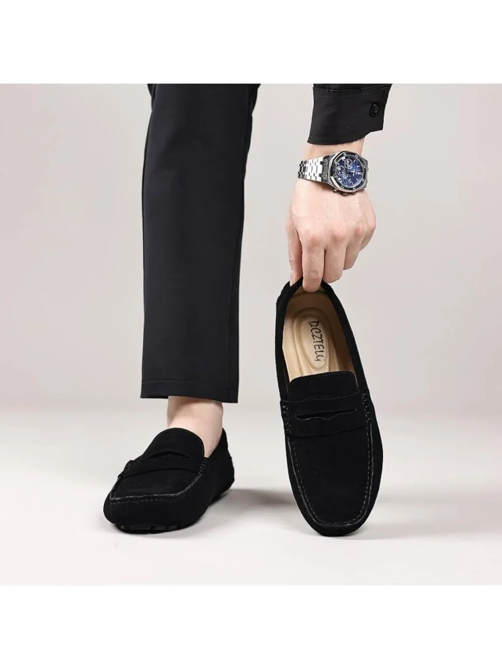 DCZTELG Men's Black Rubber Suede Penny Loafer Slip On Llightweight Casual Shoes